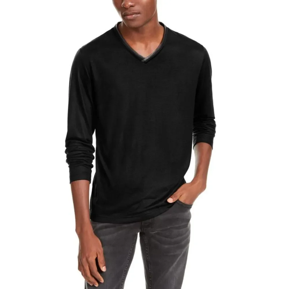 INC Mens Black V-Neck Long Sleeve Tee T-Shirt NWOT
